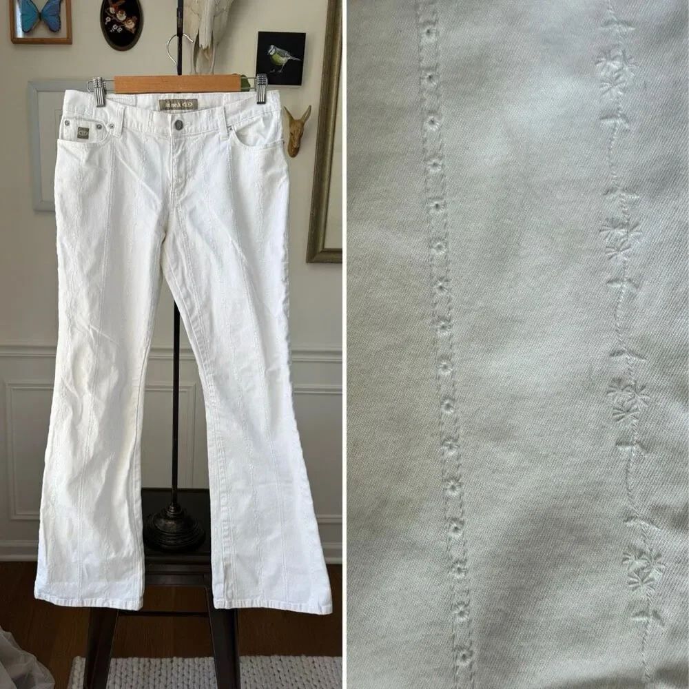 Vintage 90s Bongo Low Rise White Embroidered Flare Jeans 10 11